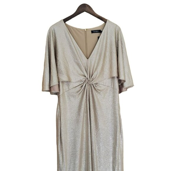 RALPH LAUREN | Gold Champagne Foil Print Jersey Cape Gown (Size 14) - Picture 5 of 15